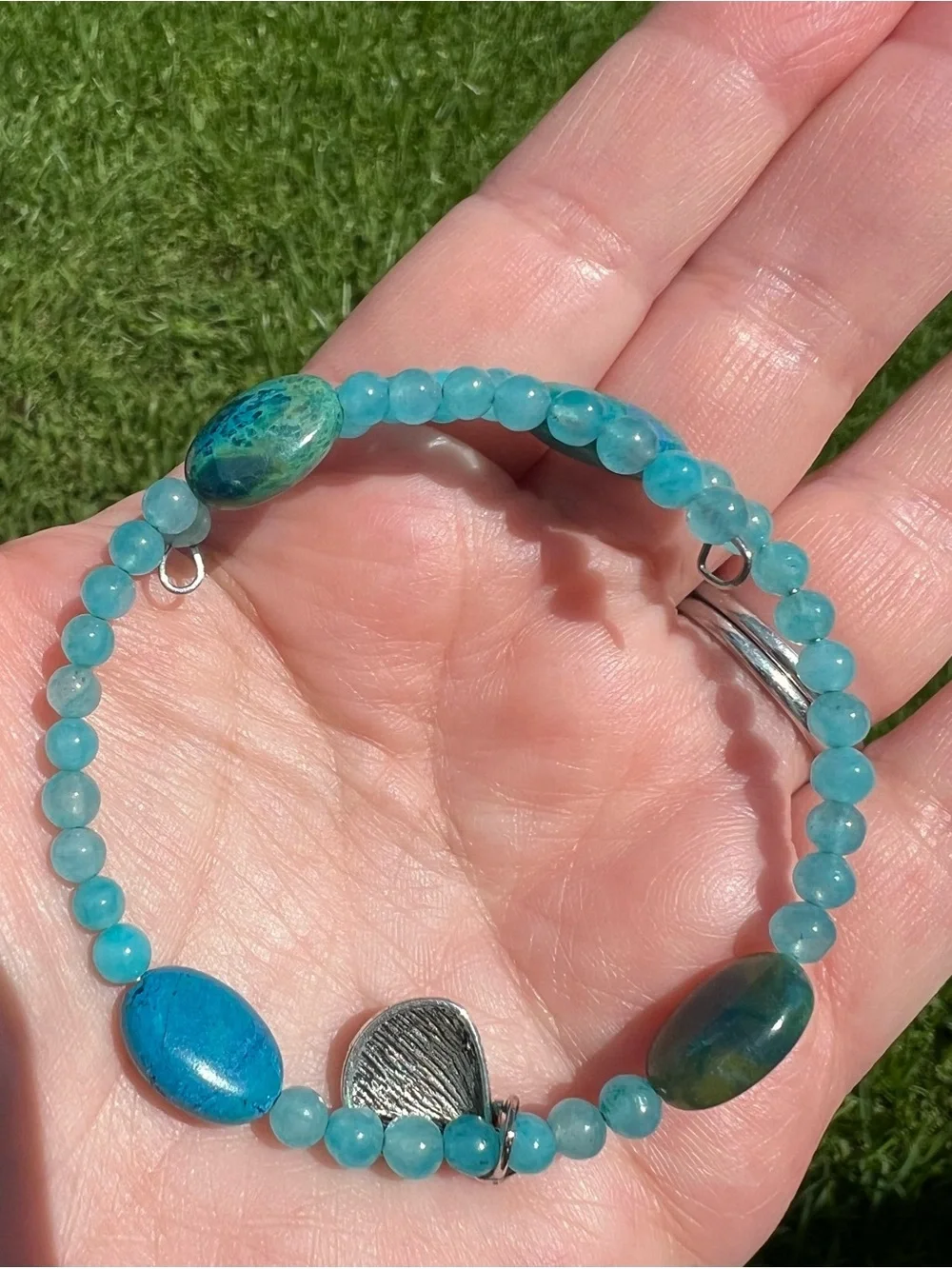 Turquoise Bead memory wire Bracelet and Earrings Set - Women Jewelry